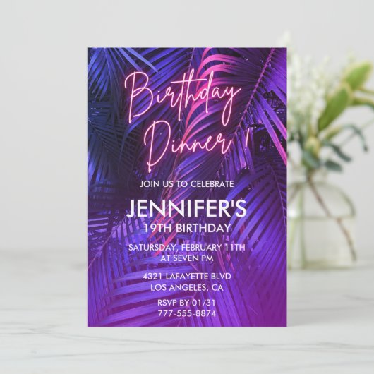 Invitations de 19e anniversaire Neon Dîner tropica (Debout devant)
