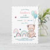 Invitations de 1er anniversaire avec un ours en pe (Debout devant)