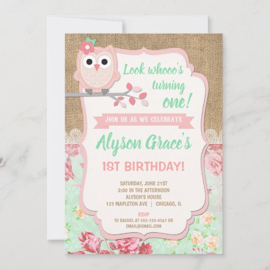 Invitations de 1er anniversaire de hibou, annivers (Devant)