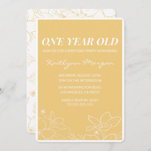 Invitations de 1er anniversaire moderne Floral Jau (Devant / Derrière)