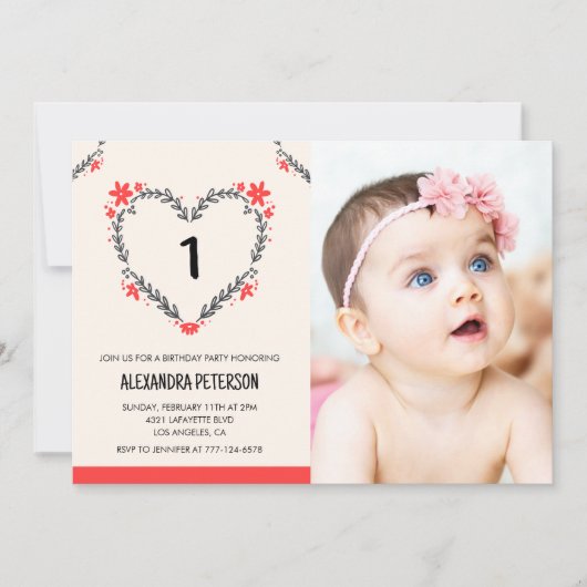 Invitations de 1er anniversaire pour son coeur flo (Devant)