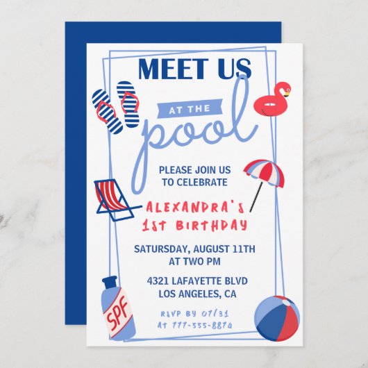 Invitations de 1er anniversaire simple Pool Party (Devant / Derrière)
