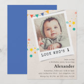 Invitations de 1er anniversaire simples Photo bleu (Devant / Derrière)