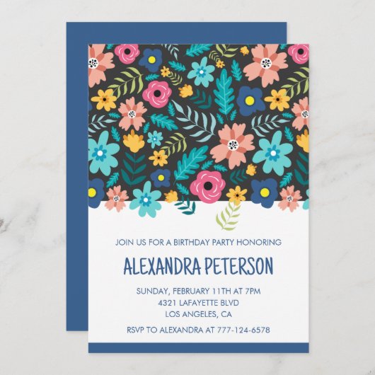 Invitations de 20e anniversaire Floral Pattern Blu (Devant / Derrière)