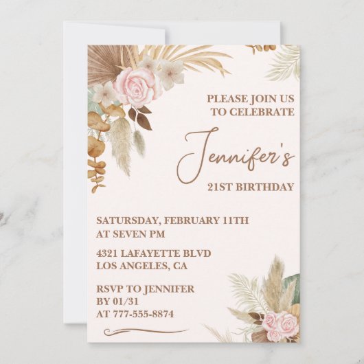 Invitations de 21e anniversaire Boho Pampas Grass (Devant)
