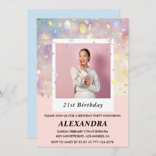Invitations de 21e anniversaire Confetti Photo Pin (Devant / Derrière)