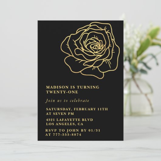 Invitations de 21e anniversaire Gold Black Flowers (Debout devant)