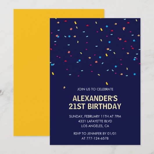 Invitations de 21e anniversaire Hommes Confetti Mo (Devant / Derrière)