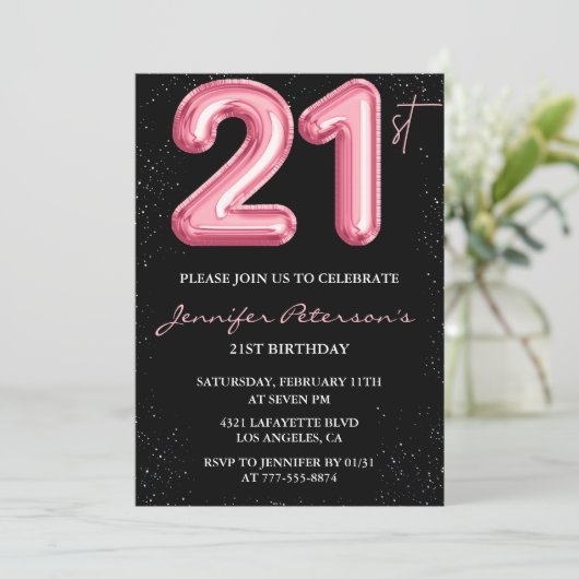 Invitations de 21e anniversaire Pink Balloon Glam  (Debout devant)
