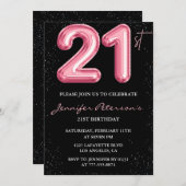 Invitations de 21e anniversaire Pink Balloon Glam  (Devant / Derrière)