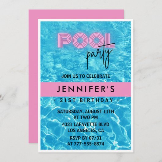 Invitations de 21e anniversaire Pool Party été (Devant / Derrière)