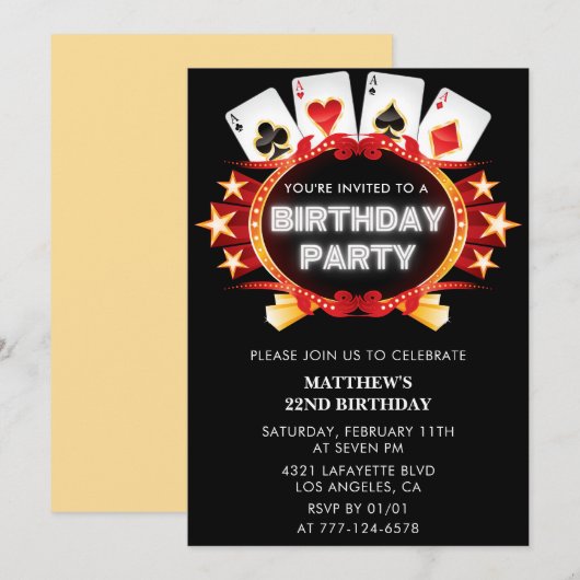 Invitations de 22e anniversaire Casino Vegas Homme (Devant / Derrière)