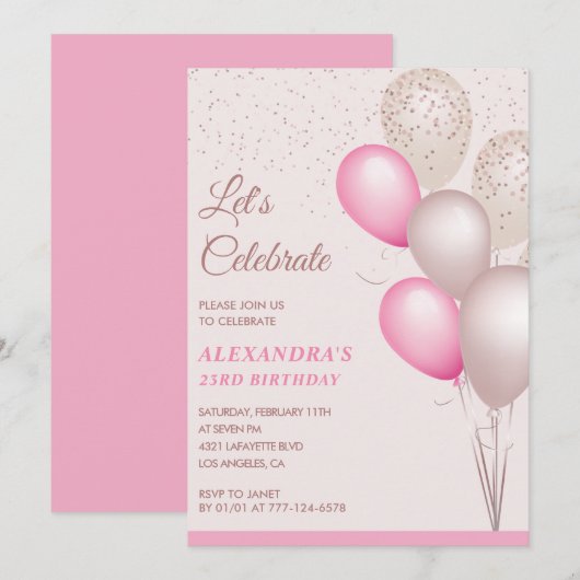 Invitations de 23e anniversaire Pink Balloons Conf (Devant / Derrière)