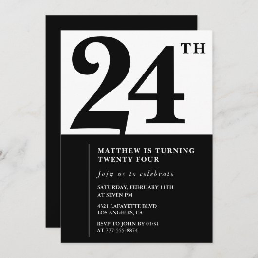 Invitations de 24e anniversaire Black and White El (Devant / Derrière)