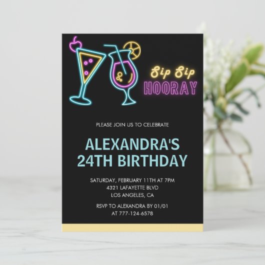 Invitations de 24e anniversaire Cocktail Neon Glow (Debout devant)