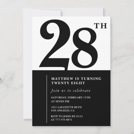 Invitations de 28e anniversaire Black and White El (Devant)