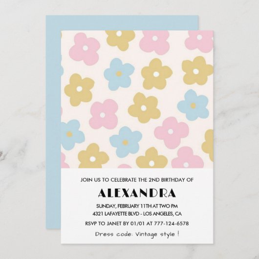 Invitations de 2e anniversaire Girl Blue Pink Flor (Devant / Derrière)