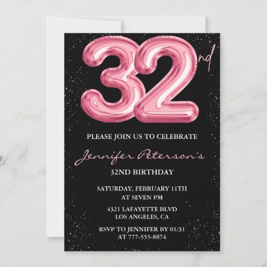Invitations de 32e anniversaire Pink Balloon Glam  (Devant)