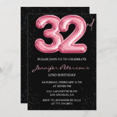Invitations de 32e anniversaire Pink Balloon Glam  (Devant / Derrière)