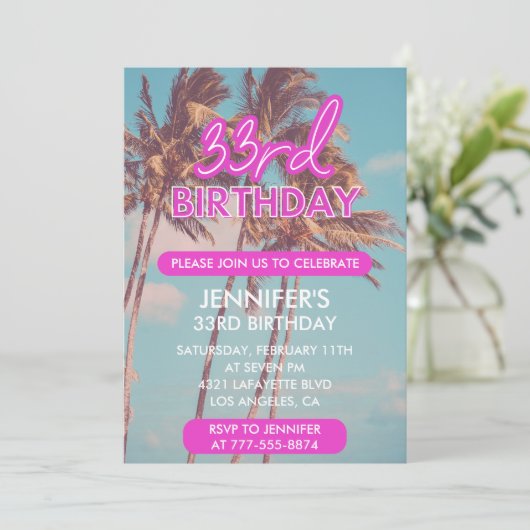 Invitations de 33e anniversaire rose neon brillant (Debout devant)