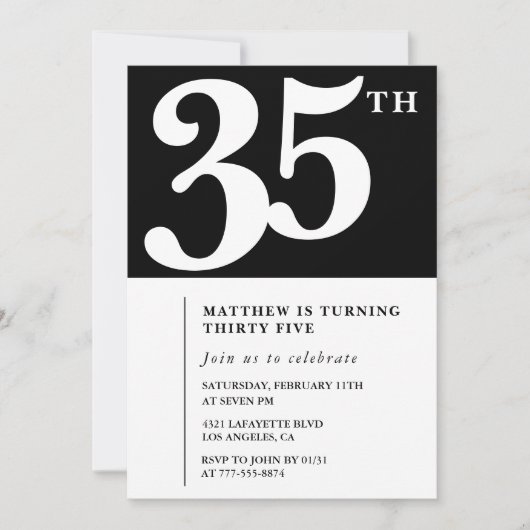 Invitations de 35e anniversaire Black White Elegan (Devant)