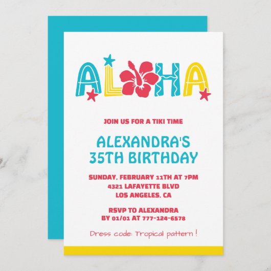 Invitations de 35e anniversaire Tropical Aloha Haw (Devant / Derrière)