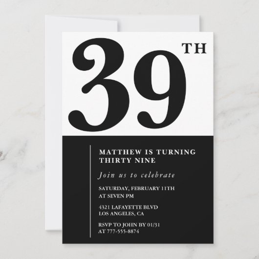 Invitations de 39e anniversaire Black and White El (Devant)