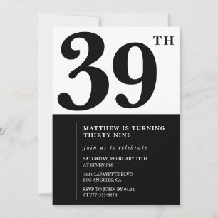 Invitations de 39e anniversaire Black and White El