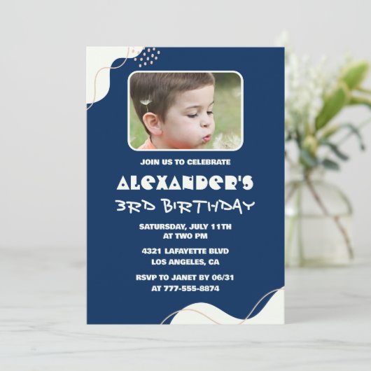 Invitations de 3 ans simples Boy Photo Navy (Debout devant)