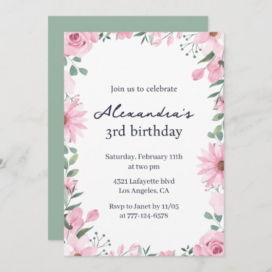 Invitations de 3e anniversaire Floral Frame Pink G (Devant / Derrière)