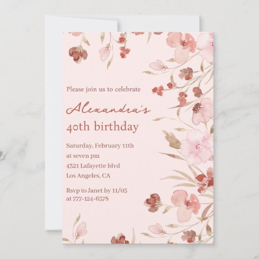 Invitations de 40e anniversaire Boho Floral Chic (Devant)