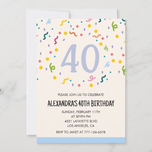 Invitations de 40e anniversaire Confetti (Devant)