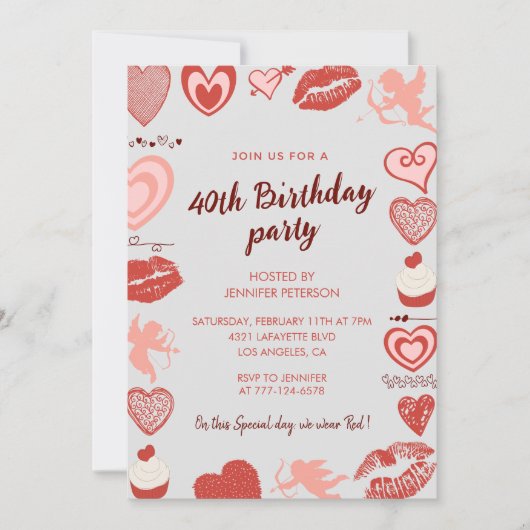 Invitations de 40e anniversaire Grey Red Hearts (Devant)