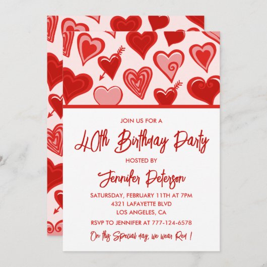 Invitations de 40e anniversaire Red Pink Hearts (Devant / Derrière)