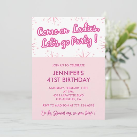 Invitations de 41e anniversaire rose Fun Fun Girly (Debout devant)