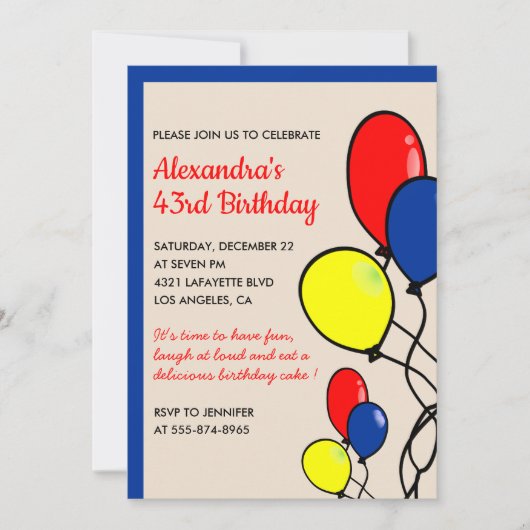Invitations de 43e anniversaire simples Ballons (Devant)