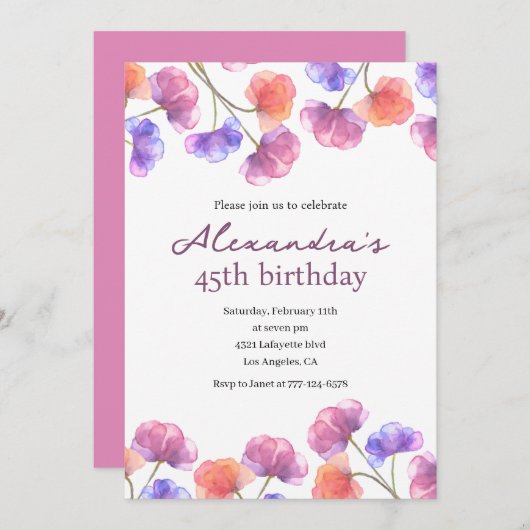 Invitations de 45e anniversaire Boho Floral Chic (Devant / Derrière)