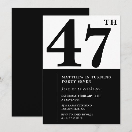Invitations de 47e anniversaire Black and White El (Devant / Derrière)
