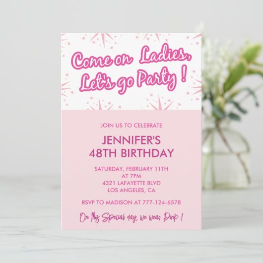 Invitations de 48e anniversaire rose Fun Fun Girly (Debout devant)