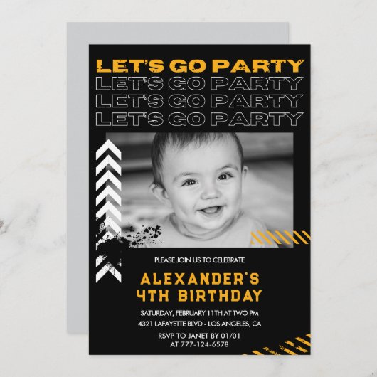 Invitations de 4 ans Noir Boy Photo Spray (Devant / Derrière)