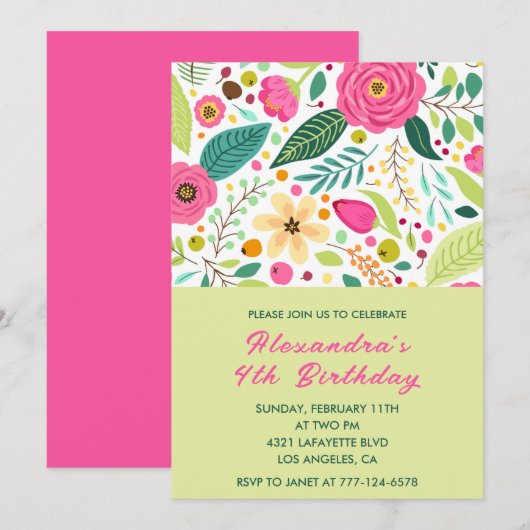 Invitations de 4 ans simples Floral Colorful (Devant / Derrière)