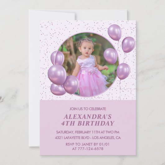 Invitations de 4e anniversaire Ballons Photo Purpl (Devant)
