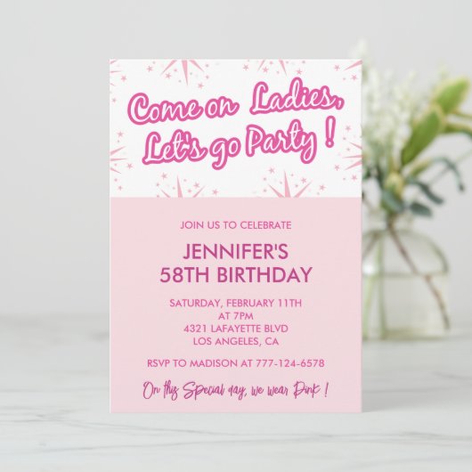 Invitations de 58e anniversaire rose Fun Fun Girly (Debout devant)