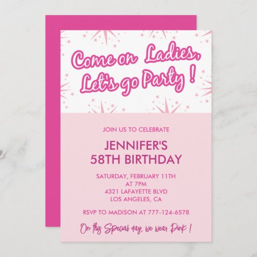Invitations de 58e anniversaire rose Fun Fun Girly (Devant / Derrière)