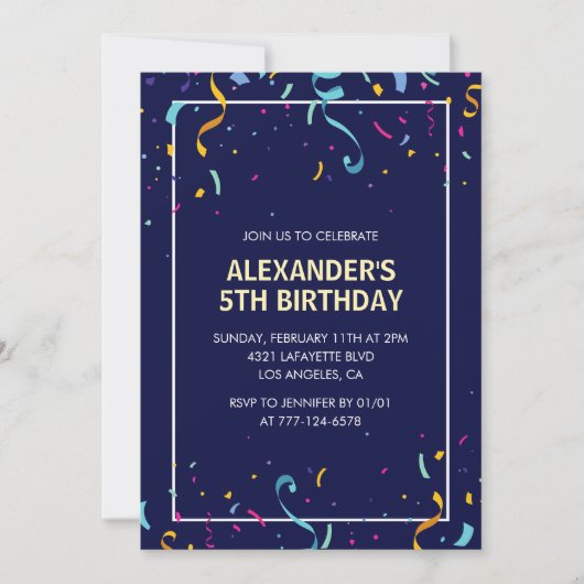 Invitations de 5 ans simples Navy Confetti (Devant)