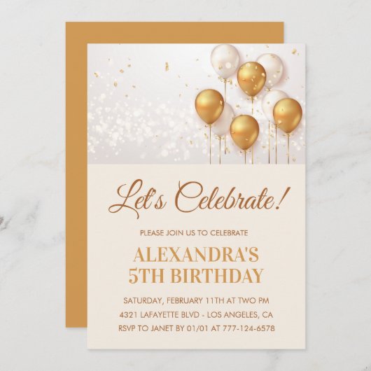 Invitations de 5e anniversaire Balloons Gold (Devant / Derrière)