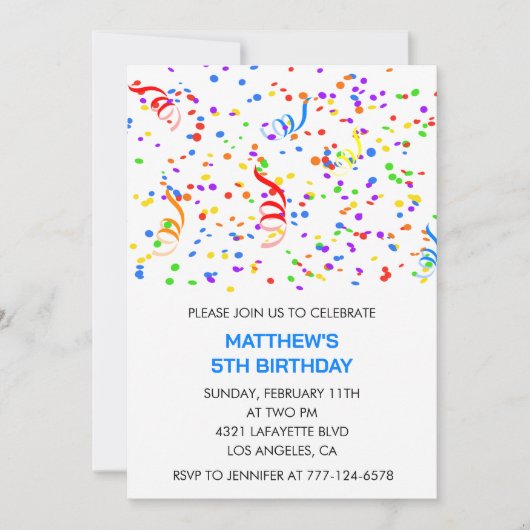 Invitations de 5e anniversaire Confetti Rainbow Bo (Devant)