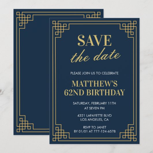 Invitations de 62e anniversaire Hommes Sauvez la d (Devant / Derrière)