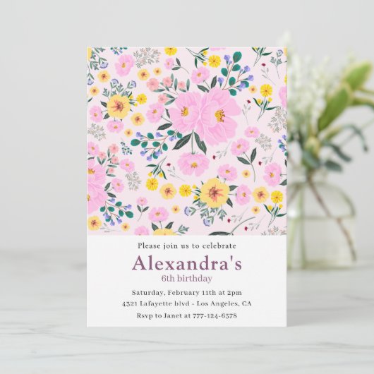 Invitations de 6e anniversaire Boho Floral Pink (Debout devant)