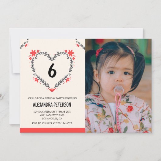 Invitations de 6e anniversaire pour son coeur flor (Devant)